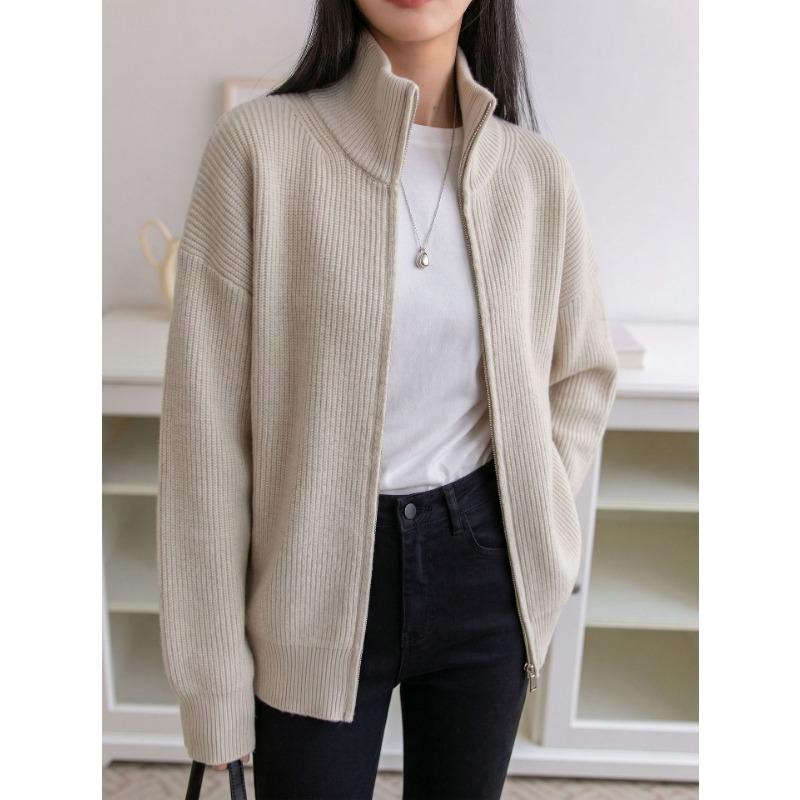 Women's Off White Stand Collar Double Zipper Vertical Rib Knit Loose Cardigan