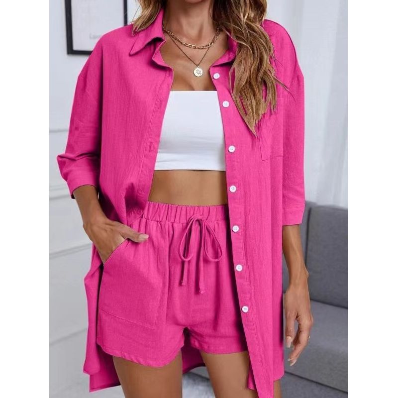 Fashion Style Fashion Single-Breasted Shirt Shorts Pure Color Casual Loose Outfit Shirt and Shorts Set