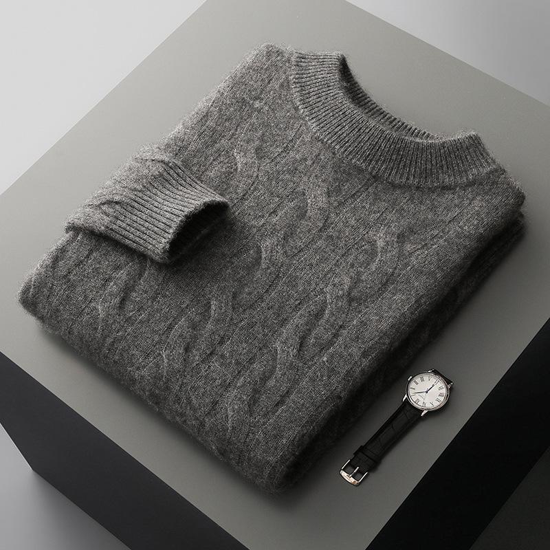 Men's Pure Wool Thick Cable Knit Sweater - Round Neck Solid Color for Autumn and Winter