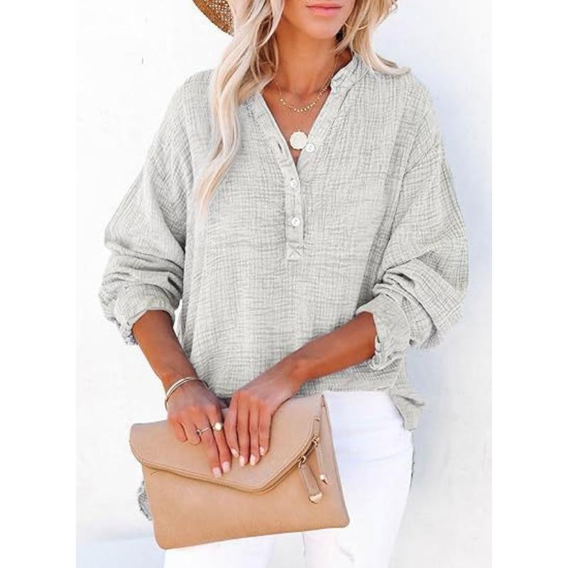 IHUASU Women's Fashion Casual Solid Color Print Long Sleeve V Neck Blouses & Shirts