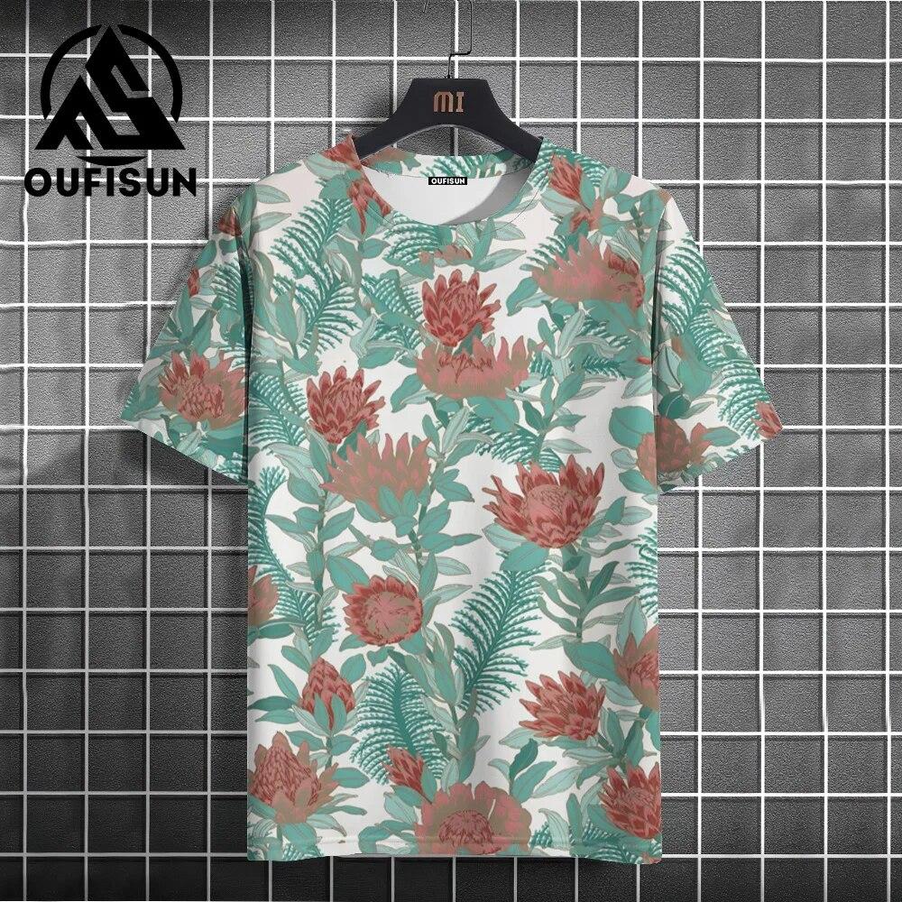 Letní ležérní pánské tričko s květinovým potiskem Denní oblečení do ulic Pohodlné tričko Oversized svetr do O-výstřihu Módní tričko pro muže