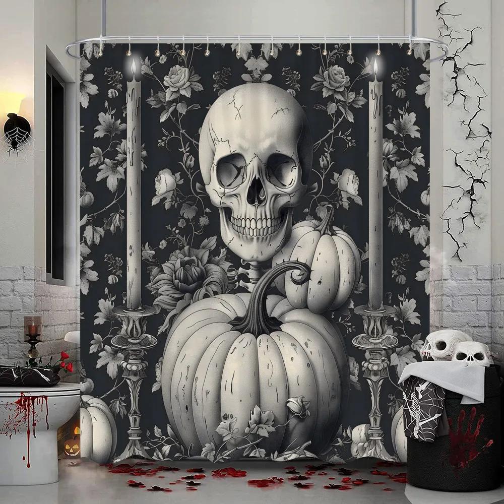 Halloween Shower Curtain Gothic Skull Skull Bat Funny Cute Halloween Bath Curtains Scary Spooky Horror Bathroom Decor With Hooks