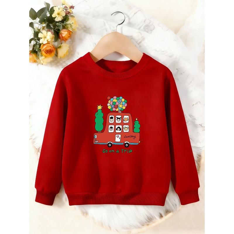 Unisex Kids Crewneck Sweatshirt, Cartoon Red Bus Balloon Go On A Trip Print Pullover, Boys Girls Travel Casual Sweatshirt For Kids Over 4 Years Old