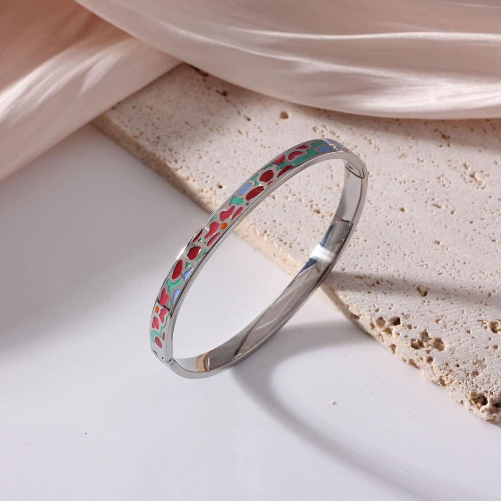 18K Electroplated Women's Retro Enamel Drip Oil Titanium Steel Bracelet, 6mm