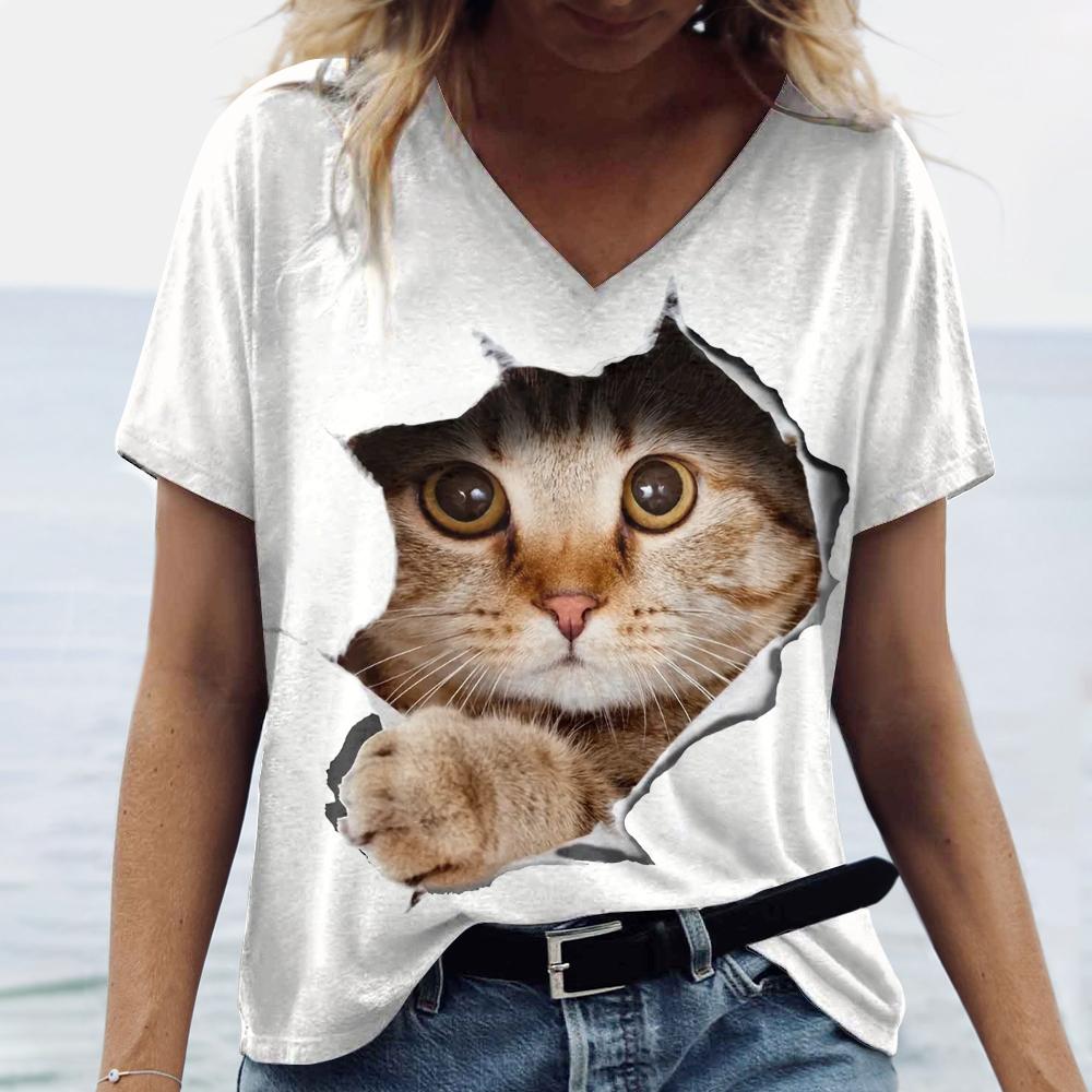 Summer Animal Print Casual Short-sleeved Cat T-shirt Women's V-neck Clothing