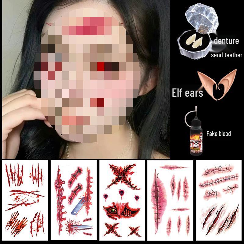 Halloween Makeup: Horror Scars, Fake Teeth, Little Tiger Teeth, and Blush Tattoo Stickers for Party Decoration