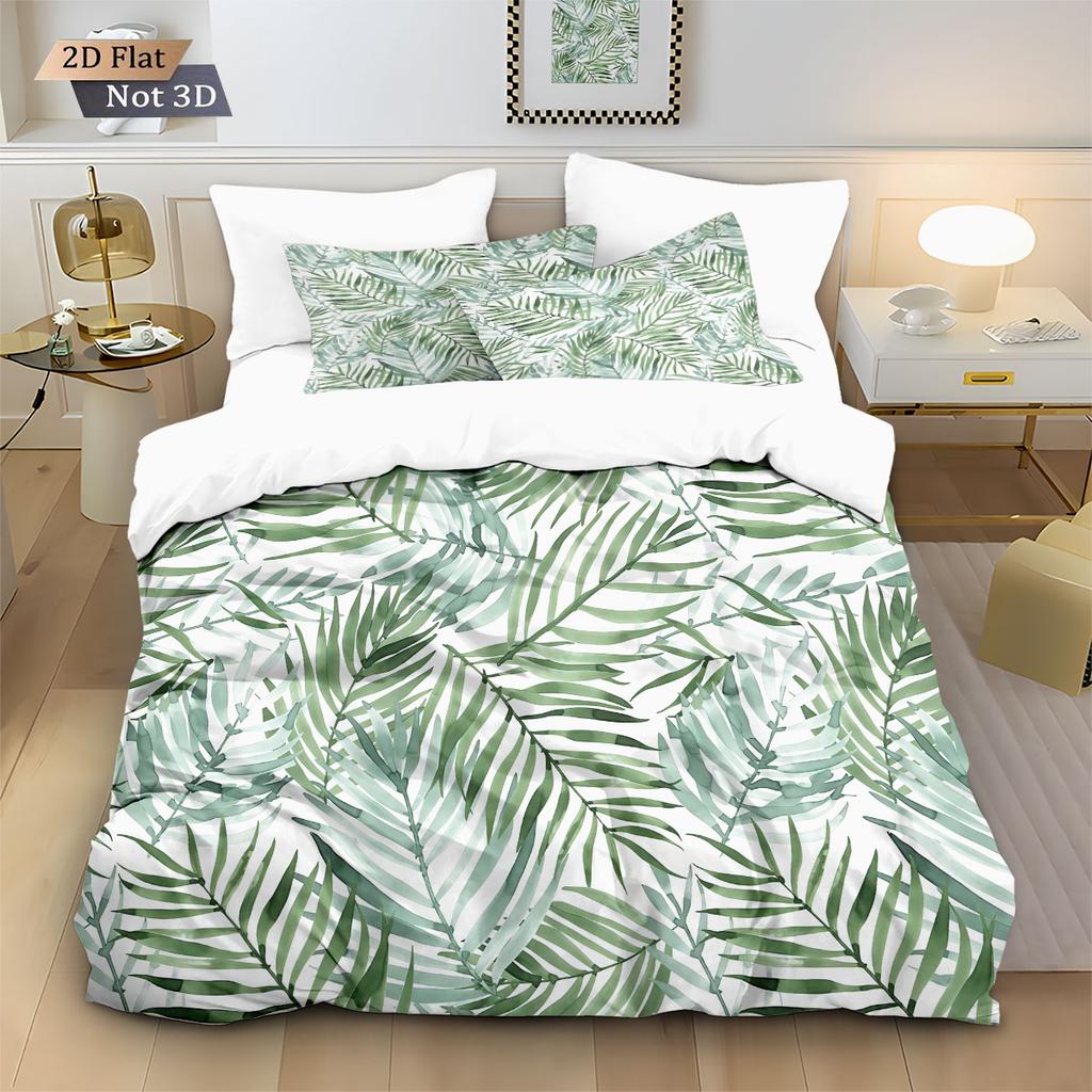3pcs Green Plant Leaf Printed Down Duvet Cover Set, Multi Size Bedroom And Dormitory Bedding Decoration, Machine Washable