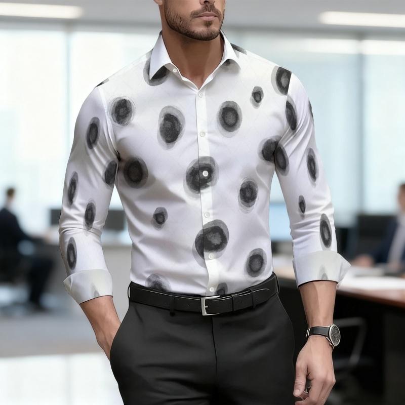 Men s Shirt with Personalized Polka Dot Print Long Sleeved Shirt, Lapel, Single Breasted Long Sleeved Top, High-quality Fabric S