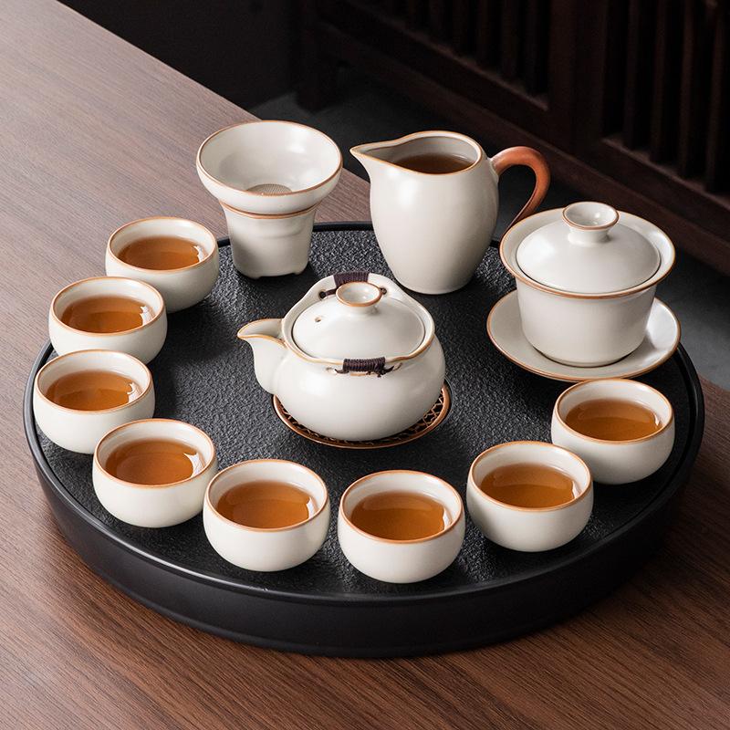 Beige Ru Kiln Ceramic Kung Fu Tea Set Home Office Guest Making Tea Special Teapot Teacup with Tea Tray