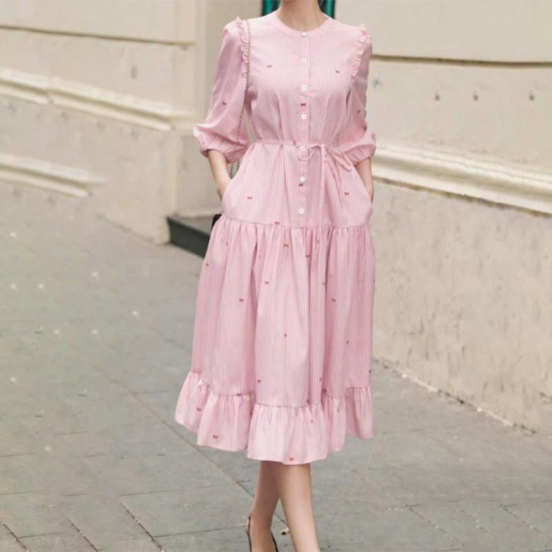 ZANZEA Damen Freizeit Rundhals 3/4 Ärmel Locker Gestreiftes Kleid