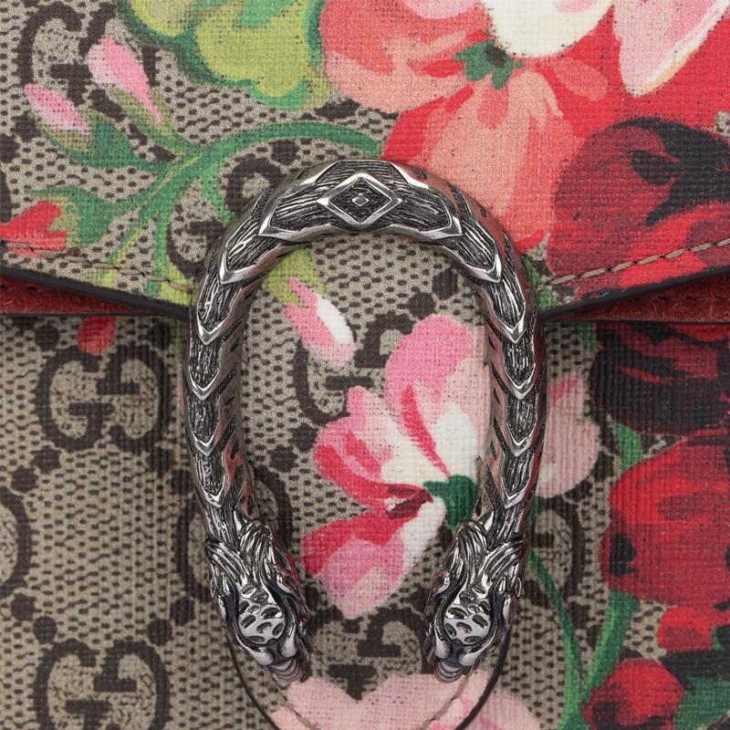 Gucci Dionysus GG Blooms Tigerkopf Schnalle Logo Geranien Print Kette Schultertasche Damen Schultertasche Ebenholz Rosa 476432-KU23N-8693