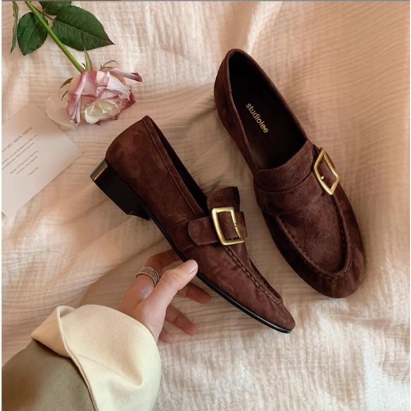 Fashion Metal Buckle Design New Women's Flat Shoes Genuine Leather Shoes British Style Retro Thick Heel Loafers For Women