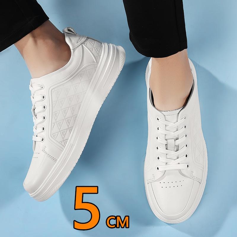 Fashion Men's Lightweight Cow Leather Elevator Shoes 5cm Hidden Lifts or Flat Sole Breathable Casual Sneakers for Daily Wear Comfortable