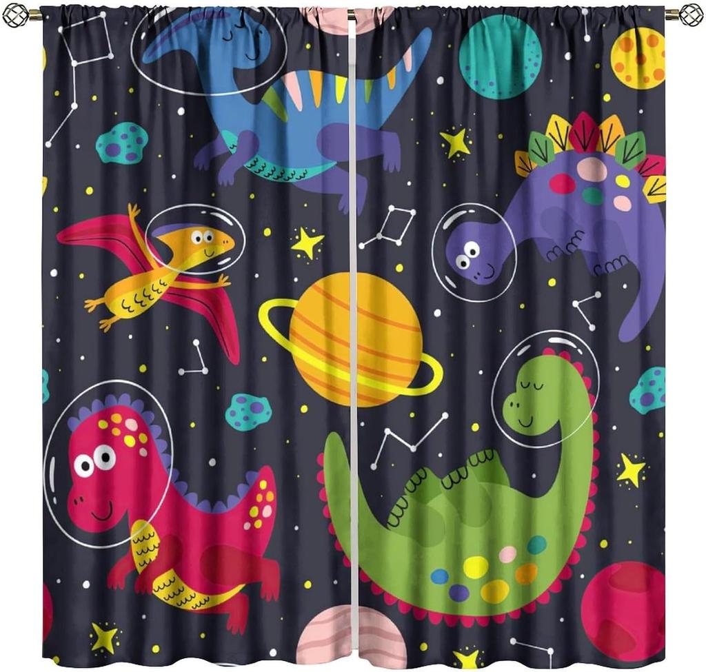 Kids Outer Space Curta, Universe Themed Earth Moon Rockets Stars Window Drapes, For Boys Girls Room Bedroom Living Room