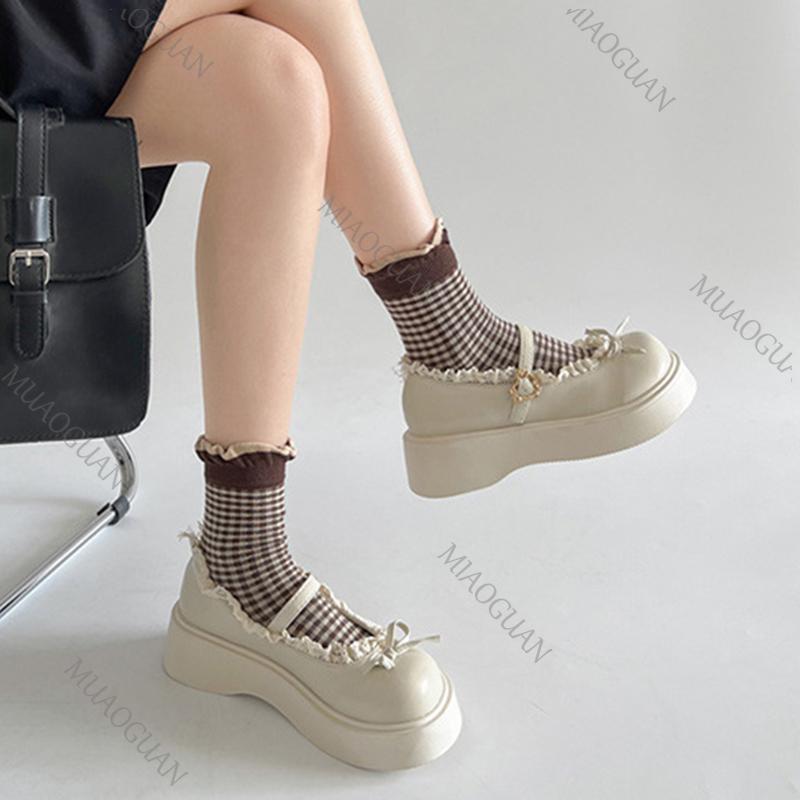 Fashion French Brown Round Head Thick Bottom Lolita Shoes New Spring Shallow Mouth Mary Jane Single Shoes Casual Lace Flat Bottom Loaers