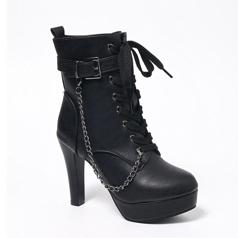 

Round toe Platform Ultra-High Thick Heel Chain Buckle Zipper Fashion Short Boots Lace Up Breathable Autumn New Women s Boots 39 чорний