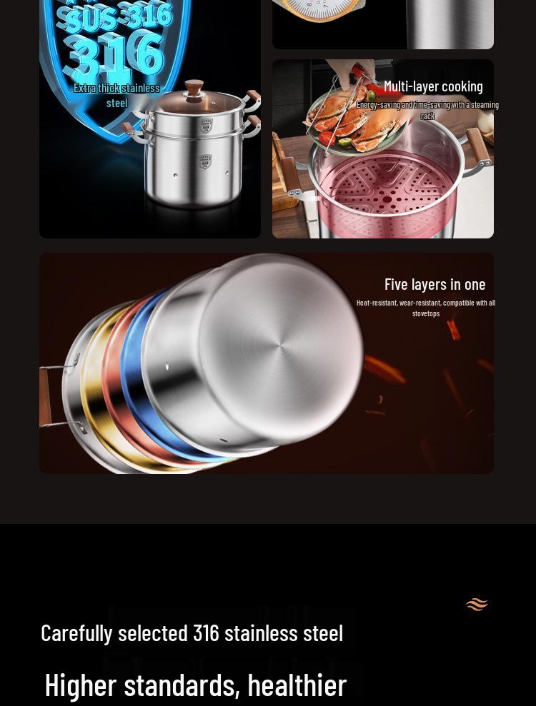 316 Stainless Steel Large Capacity Stock Pot for Stewing, Broiling, and Steaming, Food-Grade and Integrated Molding Design.