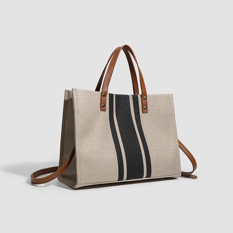 Women'S Portable Tote Bag Fashion Commuter Stripe Simple Shoulder Large Bag Large Capacity Canvas Bag