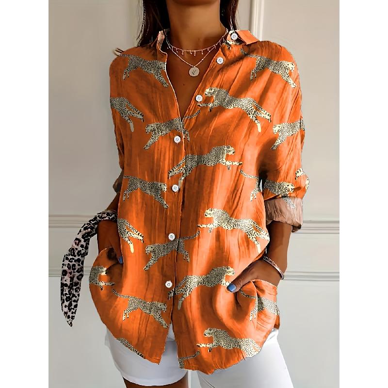 Spring and Autumn 3D Digital Print Women's Fashionable Collared Long Sleeve Casual Shirt