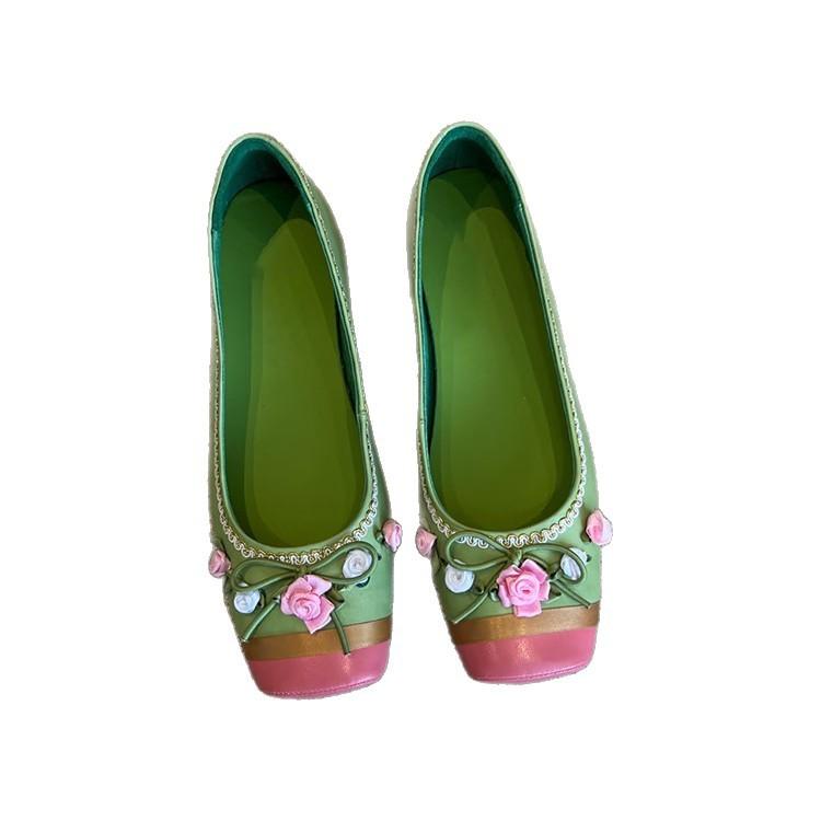 Lammfellversion~ Feenblumenlicht Mundschleife Ballerinas Damen Französisches Temperament Farbabstimmung Quadratische Zehenpartie Dicke Ferse Einzelne Schuhe