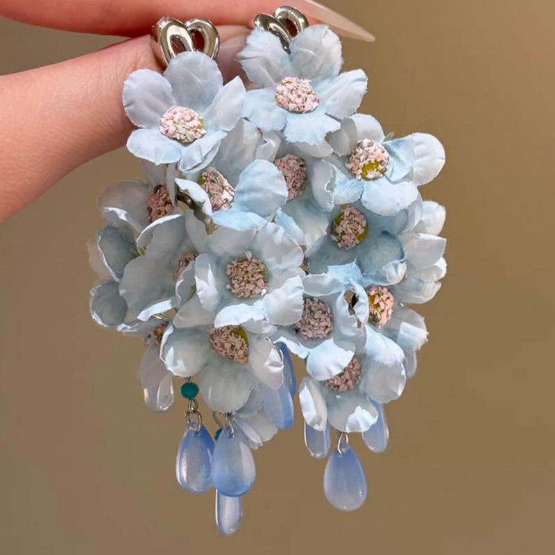 Vintage kontrastierende Blumen Perlen Quasten Ohrringe Sommer süßes Mädchen Herz Ohrringe Reise Foto Urlaubsstil Ohrringe