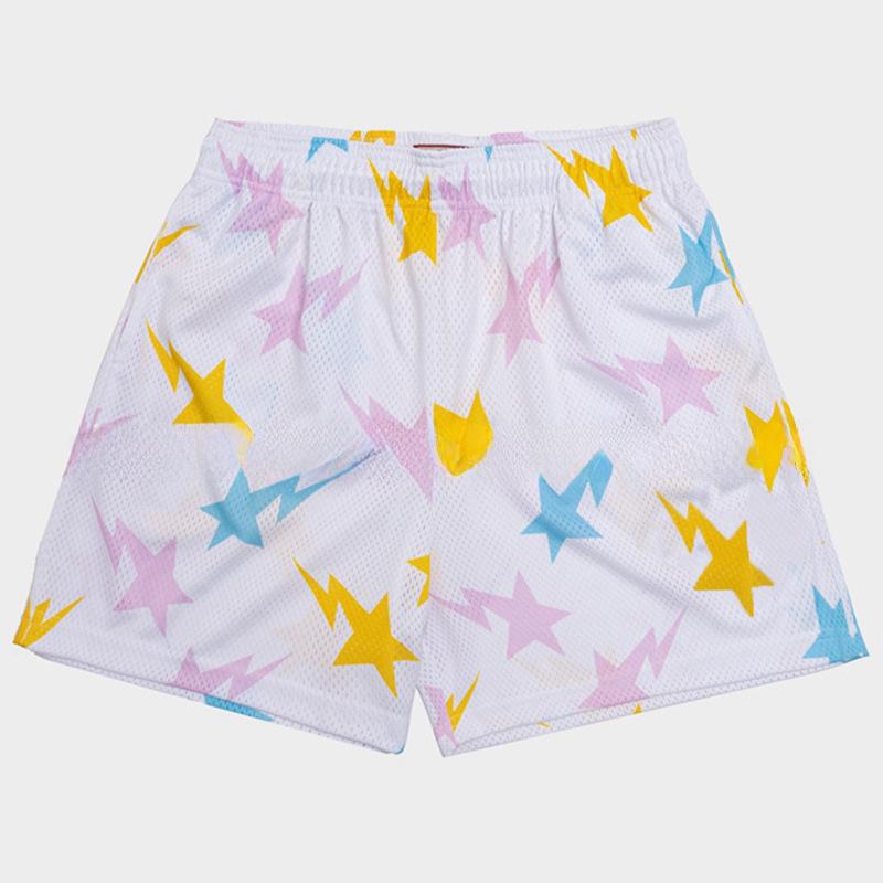

Повседневные сетчатые шорты унисекс: Модная, дышащая пляжная и спортивная одежда для любителей фитнеса White with Yellow Star, With Logo