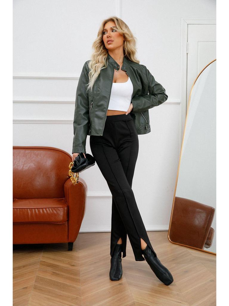 Jachetă de motociclist din piele pentru femei, europeană și americană, slim fit, cu guler înalt, 2022