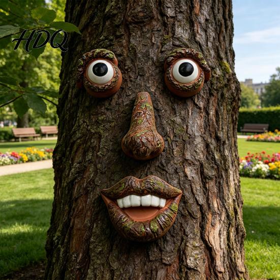 Funny Garden Decoration Tree Face Ornament Facial Features Outdoor Statues Resin Trunk Weather-Resistant for Yard Stump Statue