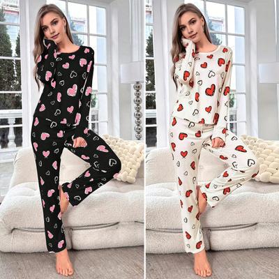 2 Pcs/Set Winter Women Underwear Set Heart Print Round Neck Long Sleeve High Elastic Fall Spring Pajamas Set Homewear Sleepwear Clothing
