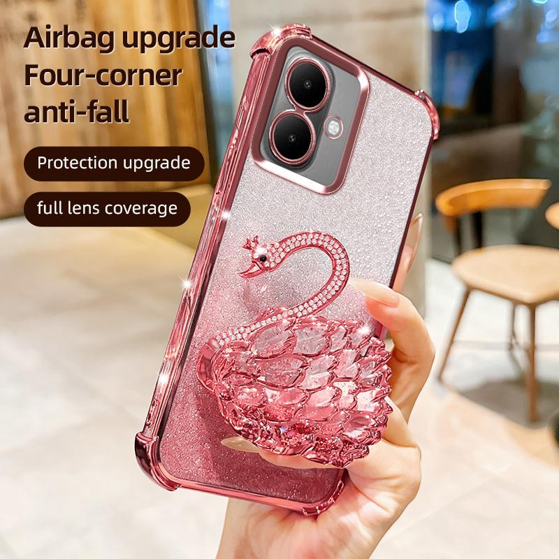 KEYSION Shockproof Plating TPU Phone Case for TECNO Spark Go 2 Pop 10 Glitter Jewelled Swan Kickstand Cover for Infinix Smart 10