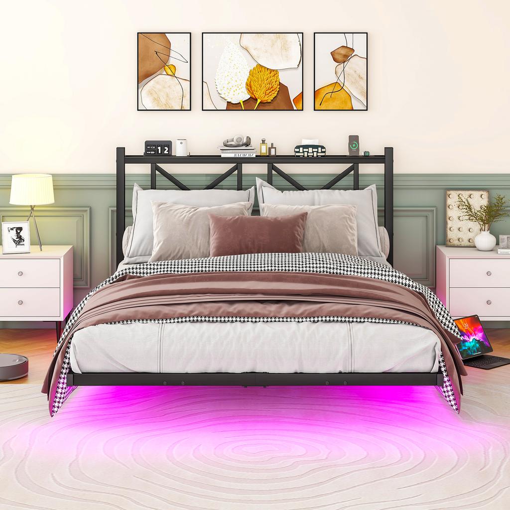 140x200 cm, Double Bed Frame with LED Lighting and Charging Station, Headboard, Metal Bed, Robust and Stable, Easy Assembly (without Mattress