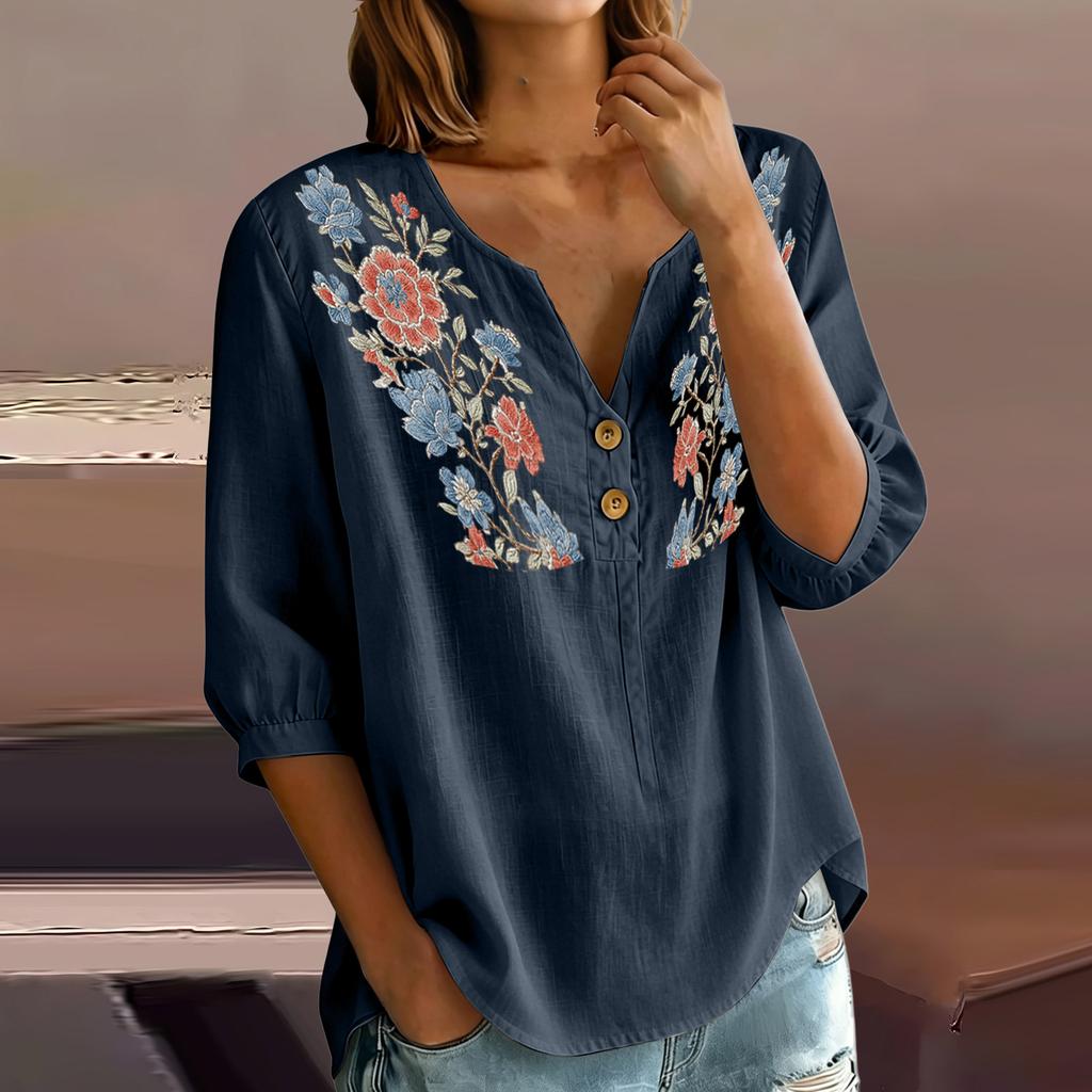Women Floral Pattern Henley Button Neck Shirt Three Quarter Sleeve Loose Fit Linen Cotton Blouse Casual Top for Daily Wear