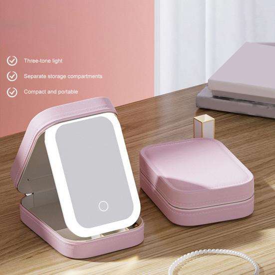 Reisesminkepose med LED-speil USB-oppladbart 3 farger Justerbart opplyst sminkespeil Bærbar reise Mini-speil Kosmetikkveske Smykker