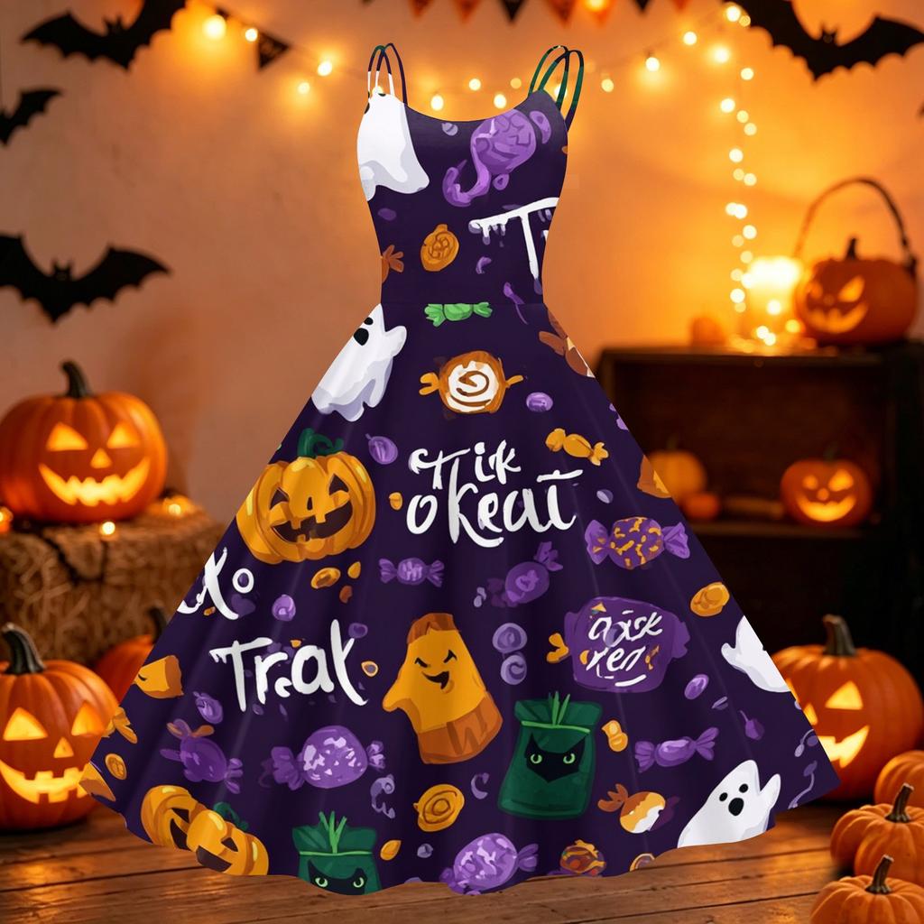 Vestido Vintage Punk de Hombros Descubiertos con Estampado de Halloween para Mujer Sin Mangas con Tirantes Finos de Espagueti Vestido de Línea A con Estampado de Calabaza Fantasma Murciélago de Halloween
