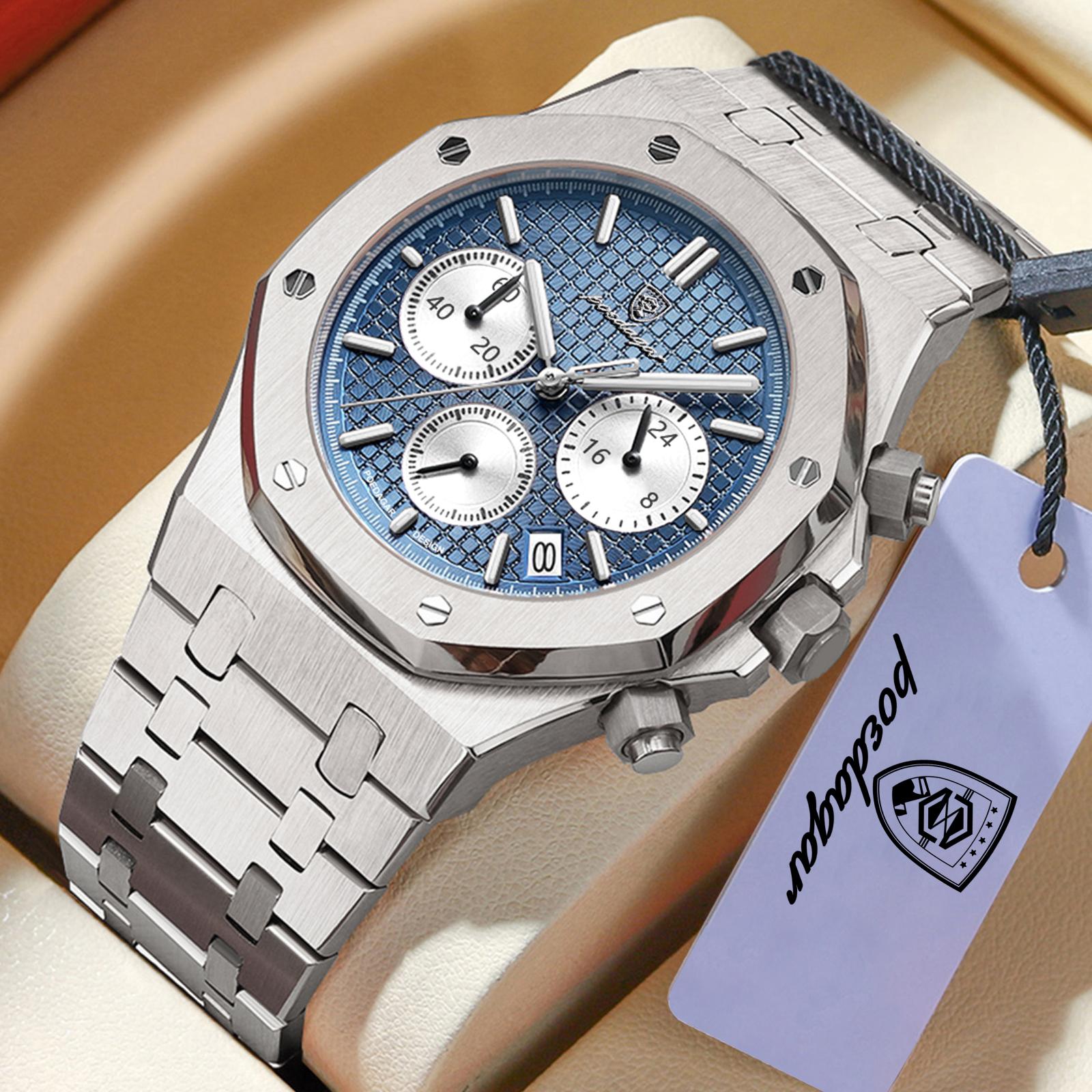 POEDAGAR Luxus Herrenuhren Edelstahl Datum Chronograph Herrenuhr Wasserdicht Leuchtend Militär Quarz Armbanduhr blau/weiß