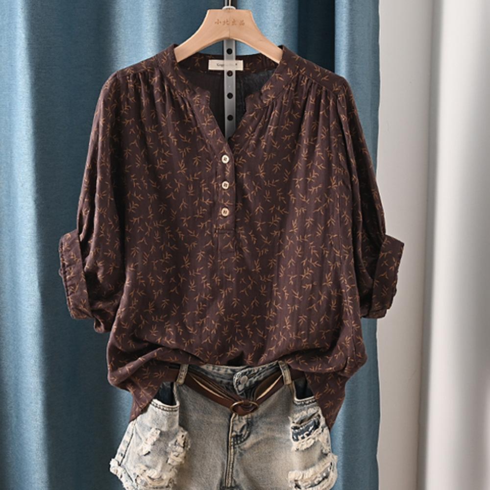 Women Cotton Casual Shirt Batwing Sleeve Stand Collar Printed Top Girl OL Loose Blouses 2024 Summer T447104QM