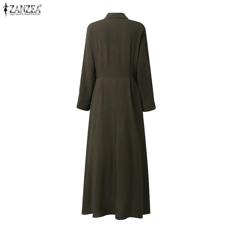 ZANZEA Damska luźna długa sukienka z kołnierzykiem i długim rękawem
