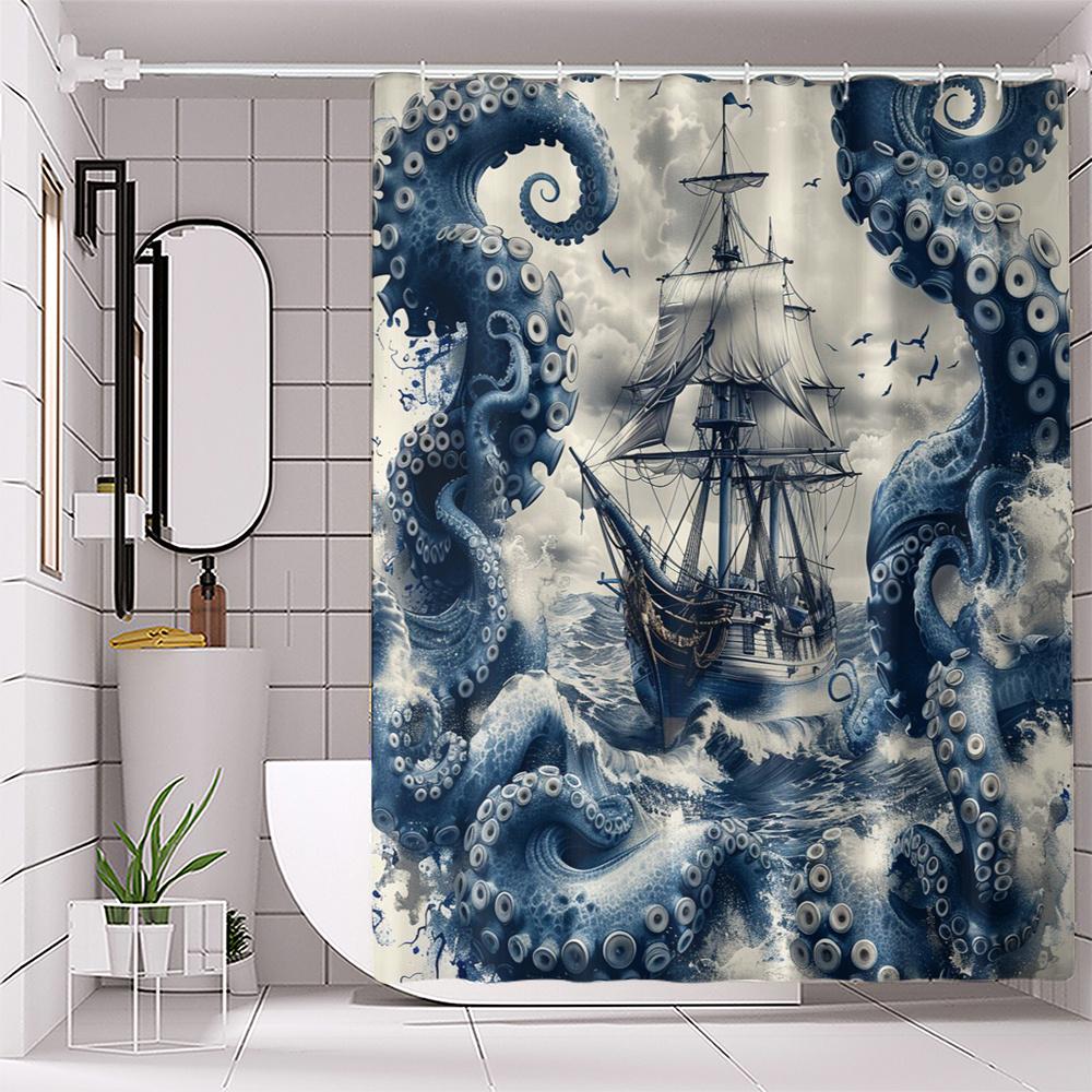 1pc of Polyester Shower Curtain with Digital Print of a Sailing Octopus Tentacle, No Drilling Required for Installation. 90X180cm