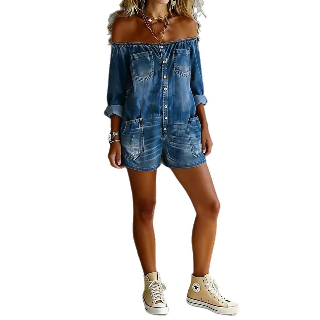 Women Off Shoulder Button Up Romper Long Sleeve Lapel Playsuit With Pockets Solid Color Casual Loose Fit Jumpsuit