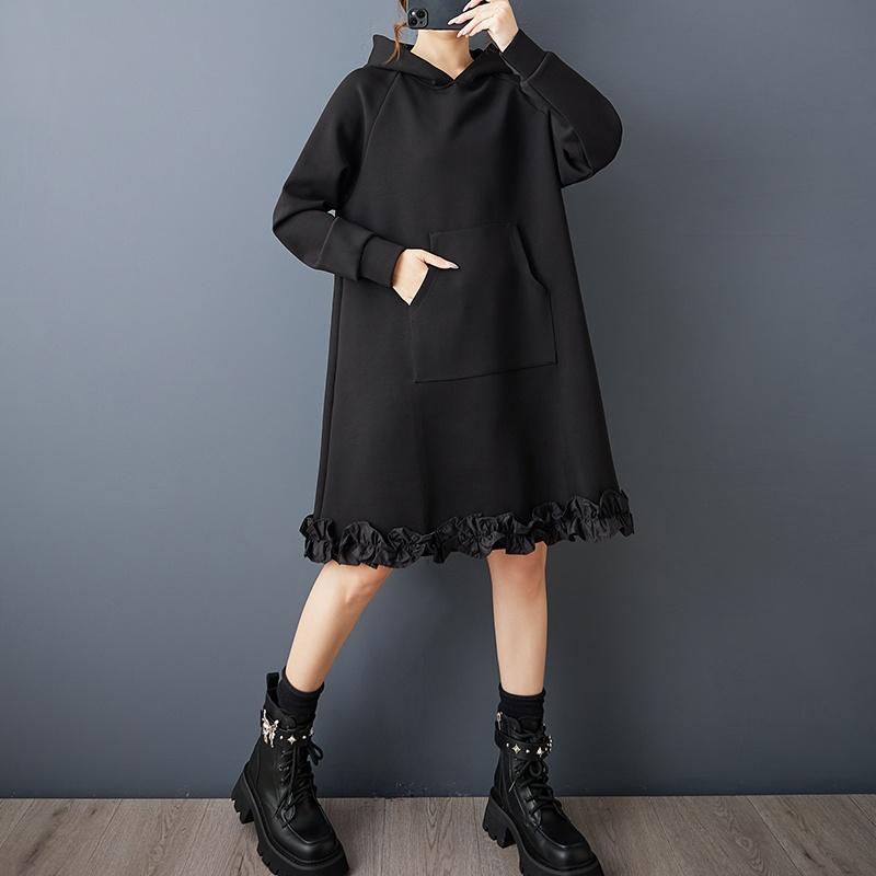 Long sleeve plus size Black cotton vintage hooded new in dresses for women casual loose midi spring autumn sweatershirt dress