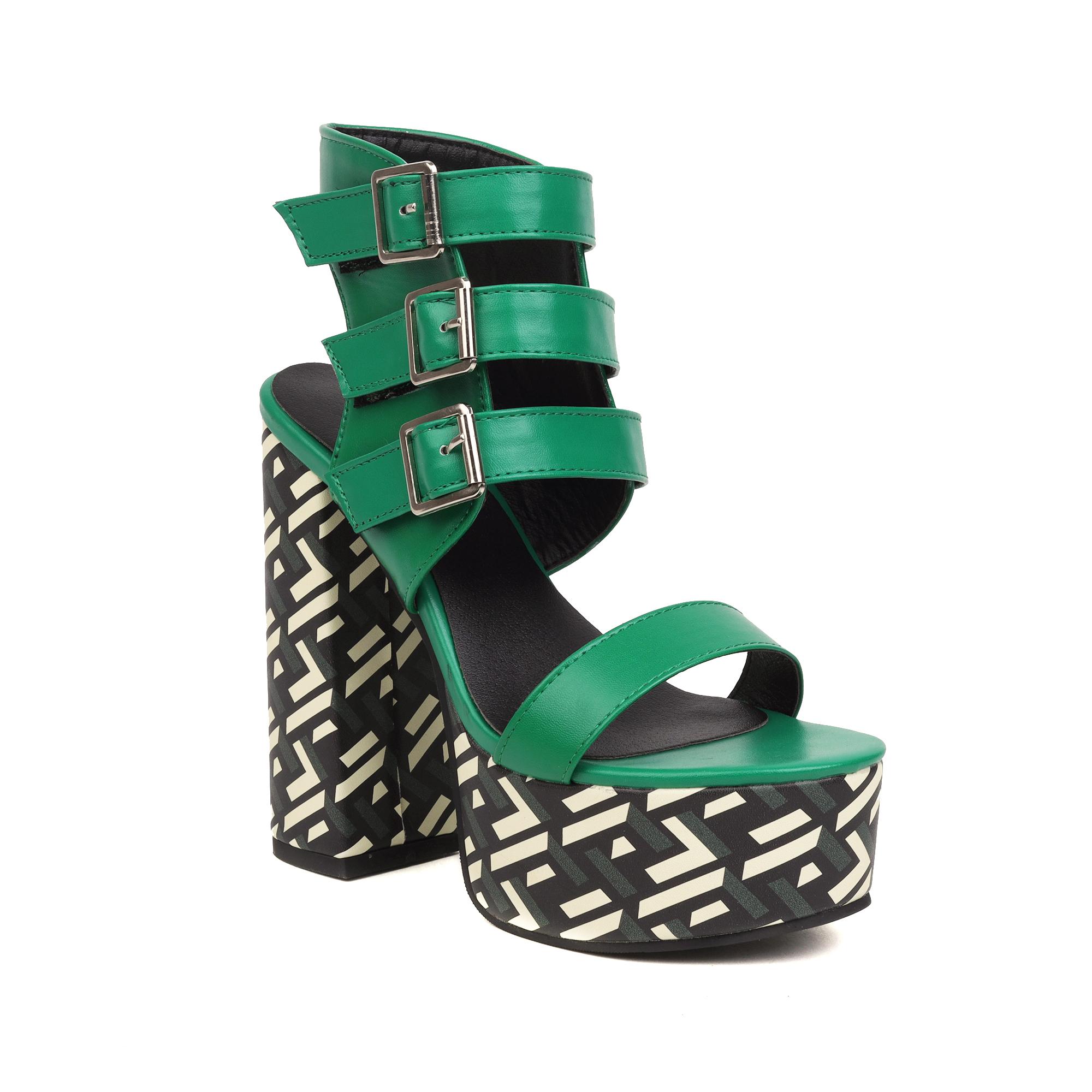 

2025 Туфли для сцены с принтом на каблуке, Ультравысокий толстый каблук, Платформа, Три ряда ремешков с пряжками, Туфли с открытым носком, Модные вечерние женские сандалии 39 зелёный