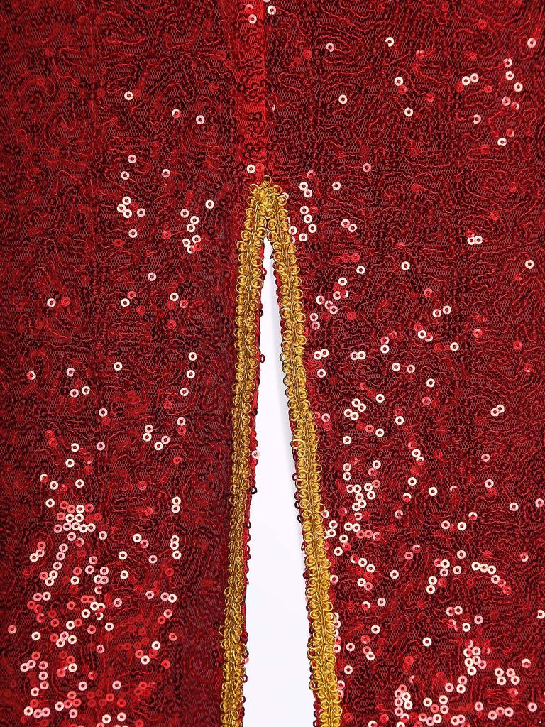 Women Adult Ringmaster Circus Costume Shiny Sequins Gold Webbing Trim Turn Down Collar Long Sleeve Buttons Tailcoat