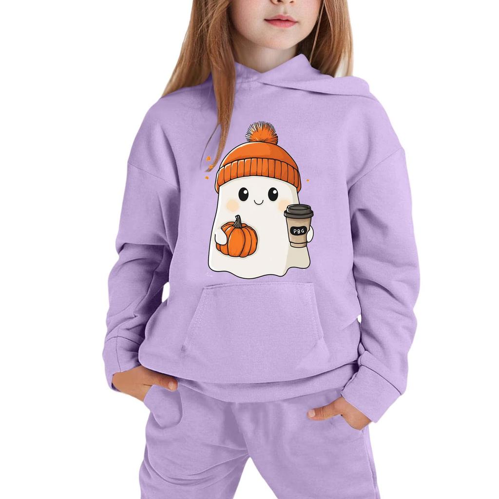 Kids Hoodie Sweatshirt Halloween Ghost Print Pullover Long Sleeve Hooded Top for Boys Girls Soft Comfortable Casual Wear
