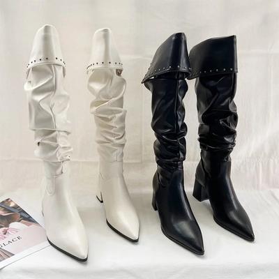 Módní kozačky nad koleno pro ženy, špičatá špička, vysoké podpatky, sexy boty, zimní luxusní robustní kožené boty, Chelsea boots, elegantní lodičky de mujer