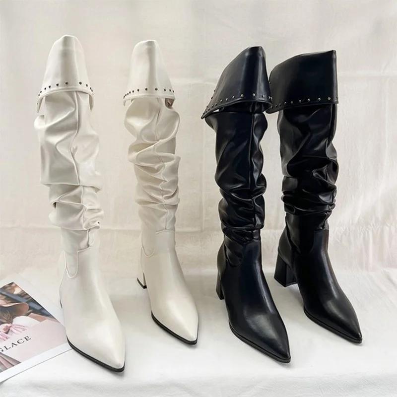 Knee High Women Boots Pointed Toe High Heels Sexy Shoes Winter Luxury Chunky Leather Shoes Chelsea Boots Elegant Pumps De Mujer
