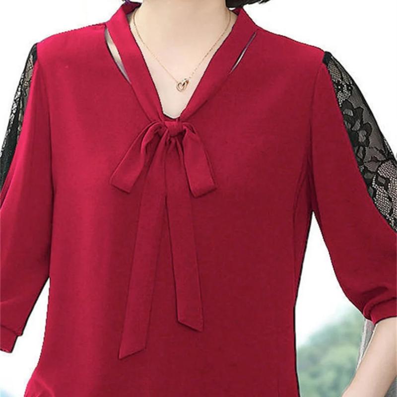 Women Spring Summer Style Blouses Tops Lady Casual Bow Tie Colloar Half Lace Sleeve Loose Blusas Tops
