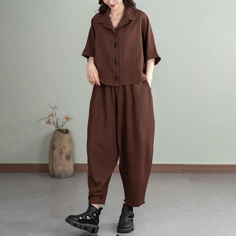 

Повседневный костюм, женская рубашка с короткими рукавами, модная, замедляющая старение, свободная, прикрывающая мясо блузка, куртка, шаровары, два предмета, лето XXL кофейный