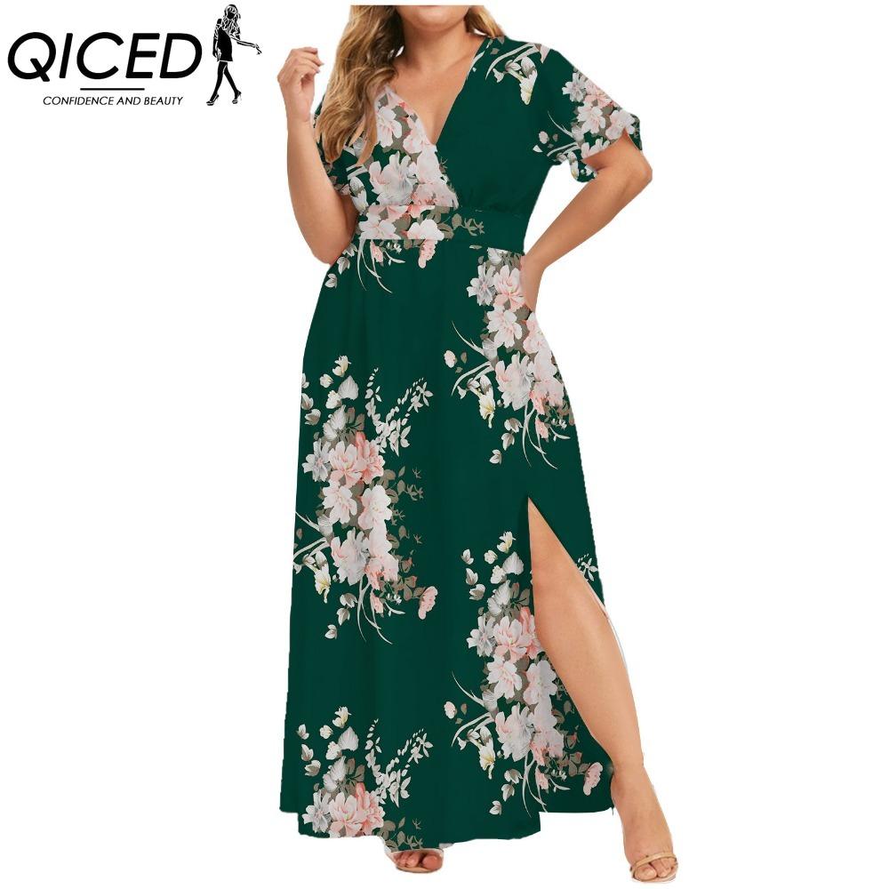 QICED L-5XL Dame Mote Sommer Vår Kortermet V-hals Hverdags Kjoler