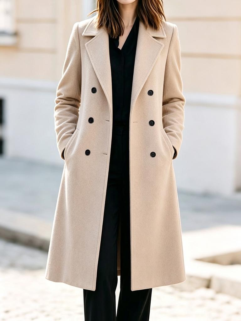 Amazon European and American women's clothing autumn and winter fashionable and simple double-breasted long-sleeved solid-color woolen jacket