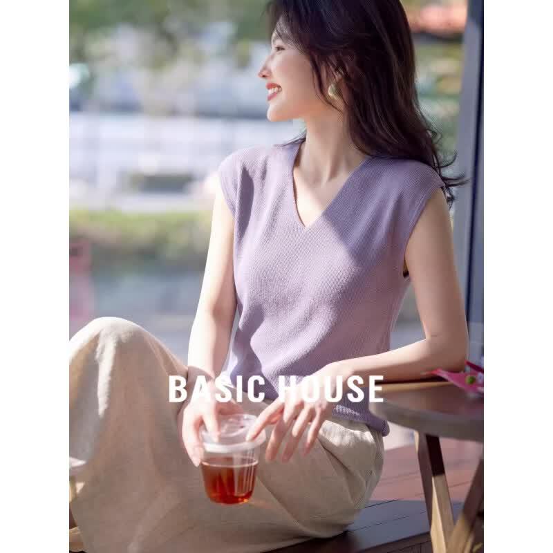 Basic House V-Neck Flutter Sleeve Knit Top S